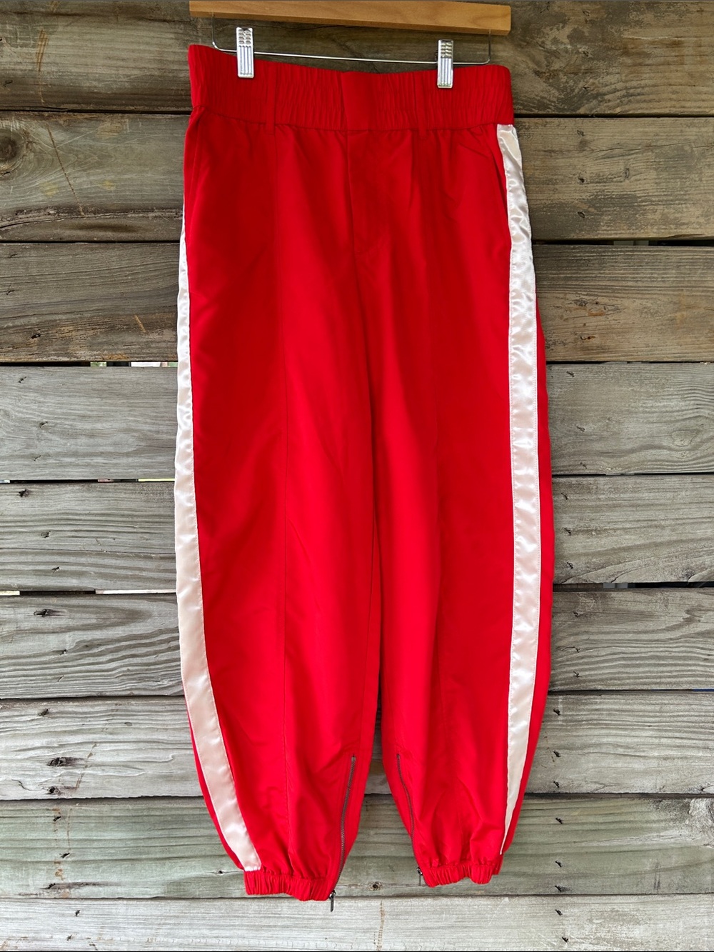 Future Collective Women's Red Track Joggers w Stripe, pockets, zipper bottom